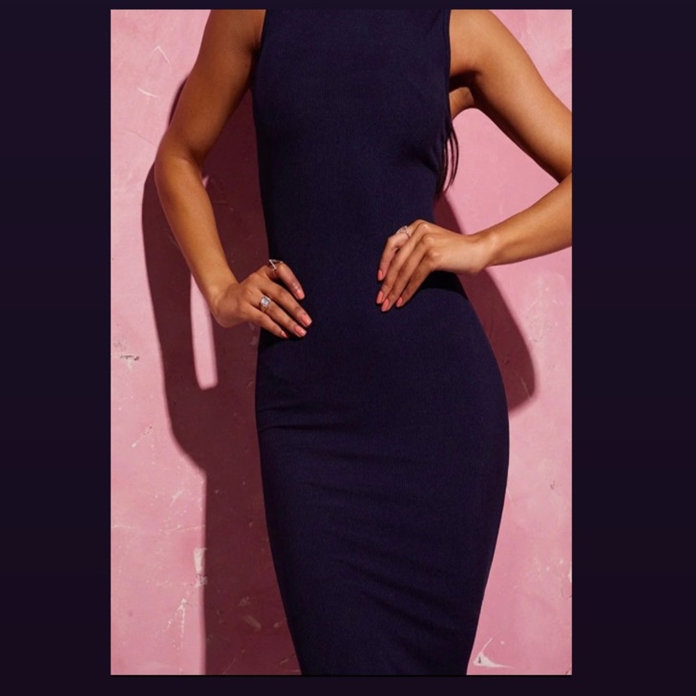 Navy Ribbed Midi Dress